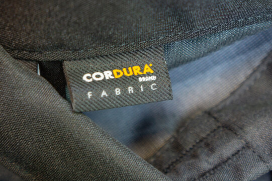 Krasnodar, Russia, 17 november, 2023. Label of Cordura fabric close-up