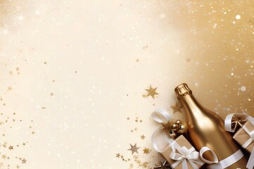 light gold background with Christmas decorations, stars, snowflakes, balls, 2024, gift box, top view