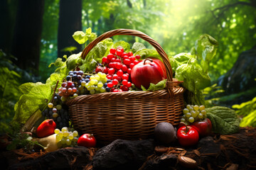 Wicker basket with different fresh ripe berries and fruits outdoors, forest background