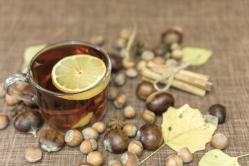 Hot tea with lemon and ginger in a transparent cup, cinnamon, star anise, hazelnuts, chestnuts and fallen leaves on a brown background. Autumn mood