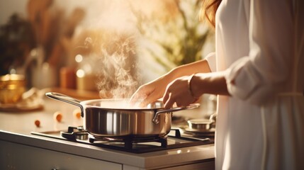 Female using steel metallic pot for preparing in the kitchen. Kitchenware for cooking. - obrazy, fototapety, plakaty