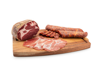Sliced italian salami on cutting board, isolated on white background.