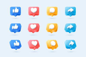 social media bubble icon set thumbs, comment, share and love 3d style