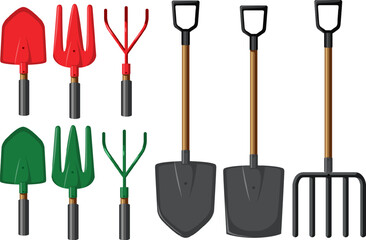 Cartoon Illustration of Garden Tools: Forks and Shovel