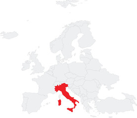 Red CMYK national map of ITALY inside gray blank political map of European continent on transparent background using Robinson projection