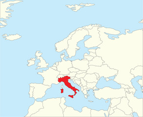 Red CMYK national map of ITALY inside simplified beige blank political map of European continent on blue background using Winkel Tripel projection