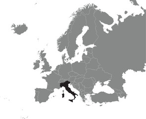 Black CMYK national map of ITALY inside detailed gray blank political map of European continent on transparent background using Mercator projection