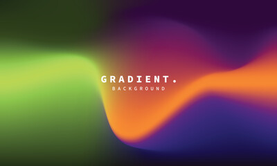 Abstract and colorful fluid gradient mesh background template copy space. Vibrant liquid backdrop design. Smooth green, orange, and purple color gradation template for poster, banner or cover.