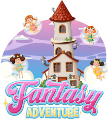 Obraz na płótnie Canvas Fantasy Adventure with Cute Fairies Flying near Castle