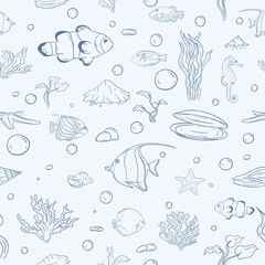 Seamless vector pattern for gift paper with underwater world, marine life, fish and seashells