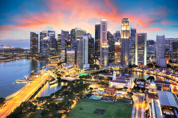 Aerial view of sunset at Marina Bay Singapore city skyline