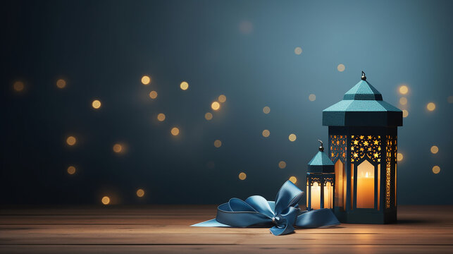 Ramadan greeting card copy space with lantern and food