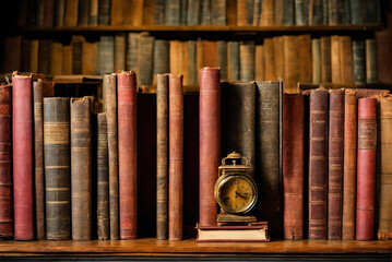 Naklejka premium Close-up of collection of books on old retro bookshelf
