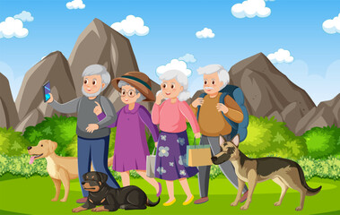 Naklejka premium Retirees and Their Dogs Enjoying Nature Together