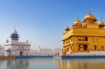 Fototapeta na wymiar Golden Temple in Amritsar reflects serenity & spiritual bliss. A must-visit Indian architectural marvel!