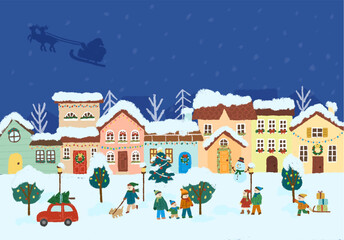 クリスマスの町の様子　クリスマスカード　バナー　パッケージ　冊子　イラスト

