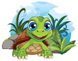 Cute Turtle Cartoon Surrounded by Plants and Rocks
