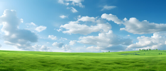 Fototapeta na wymiar Green field with wildflowers and blue sky landscape background.