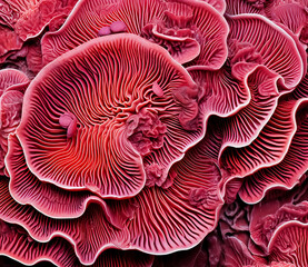 A lot Macro Wood mushrooms. Yellow mushrooms on a tree. Red mushroom habits and hats are close up. Mushrooms with a violet hue fungal growth. tree is filled with mushrooms. purple mushroom background