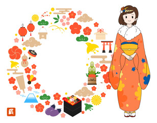 着物を着た女性の年賀状フレーム/オレンジ/文字なし