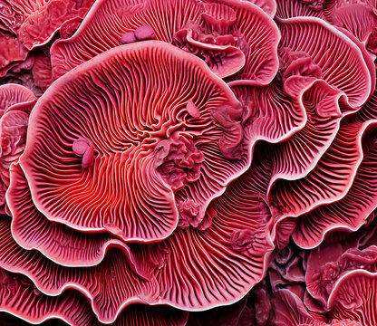 A lot Macro Wood mushrooms. Yellow mushrooms on a tree. Red mushroom habits and hats are close up. Mushrooms with a violet hue fungal growth. tree is filled with mushrooms. purple mushroom background