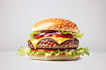 Hamburger with cheese, lettuce, tomato and onion on white background