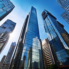 Obraz premium View of high rise glass building and dark steel window system on blue clear sky background,Business concept of future architecture