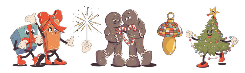 Groovy christmas set, collection of trendy retro hippie stickers. Santa riding on deer, snowman with a guitar, Christmas tree, walking gifts, sparkler, gingerbread in trendy retro cartoon style.