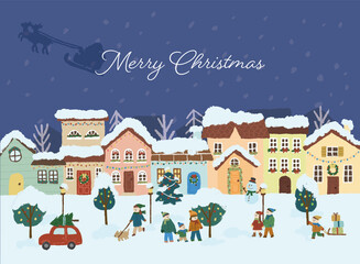 クリスマスの町の様子　クリスマスカード　バナー　パッケージ　冊子　イラスト

