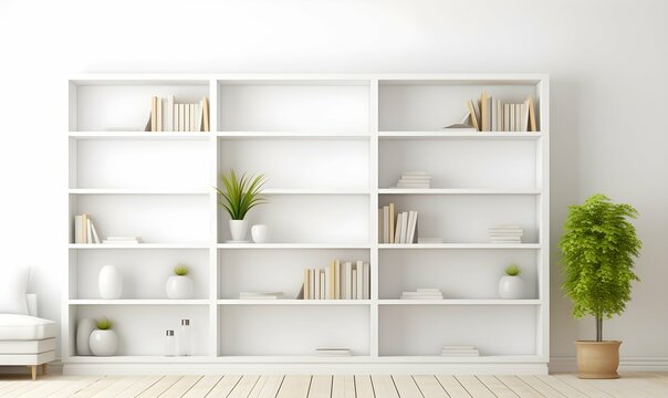 White shelves with white books and decor, light white interior of living room or cabinet in house. Generative AI