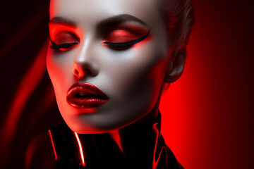 A beautiful woman with red hair and a golden suit portrait of makeup for beauty photo shoot, in the style of futuristic pop, shiny, high gloss, monochromatic shadows, contemporary shiny. glossy