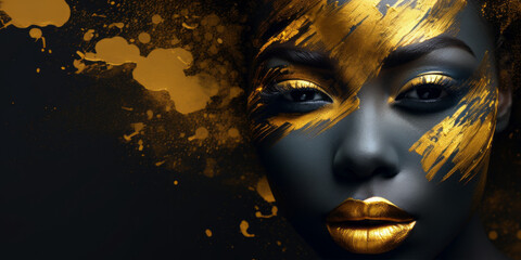 Beautiful black woman with golden makeup on her face, in the style of bio-art. Studio portrait high...