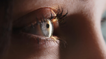 Close-up of a young woman having her vision tested on an ophthalmology diagnostic vision testing...