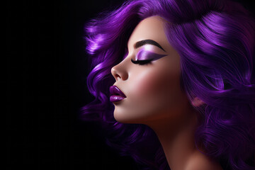 A beautiful model in with purple hair and elegant makeup, in the style of shimmering, luminous palette, salon. Isolated studio background. Hair styling - obrazy, fototapety, plakaty