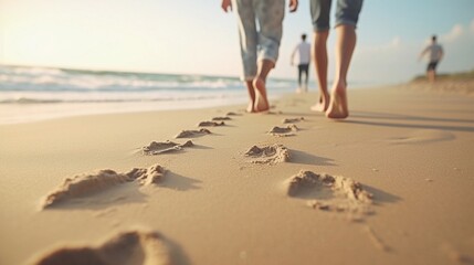 Illustrate a scene of family footprints in the sand, showcasing a variety of sizes and patterns as family members enjoy a day at the beach together, AI generated, background image - obrazy, fototapety, plakaty