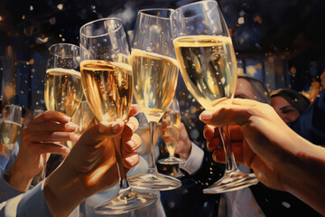 Celebration toast with champagne on festive eve background. Celebrating Christmas or New Year - obrazy, fototapety, plakaty