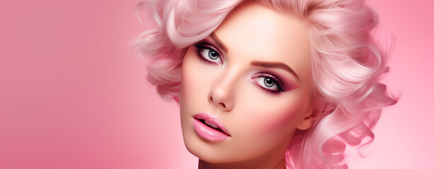 Obraz premium A beautiful blonde model in pink makeup,, in the style pop fashion, light pink, salon. Isolated studio background. Hair styling