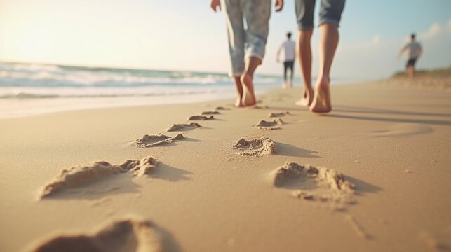Illustrate a scene of family footprints in the sand, showcasing a variety of sizes and patterns as family members enjoy a day at the beach together, AI generated, background image