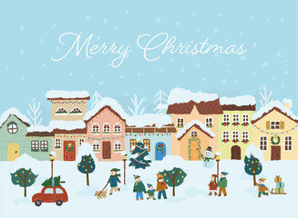 クリスマスの町の様子　クリスマスカード　バナー　パッケージ　冊子　イラスト

