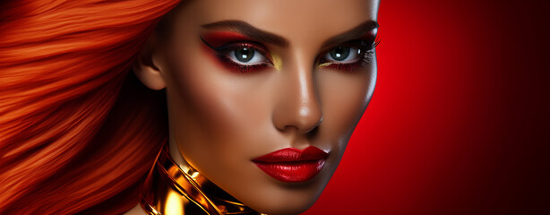 A beautiful woman with red hair and a golden suit portrait of makeup for beauty photo shoot, in futuristic pop, shiny, high gloss, monochromatic shadows, contemporary candy-coated, shiny. glossy - obrazy, fototapety, plakaty