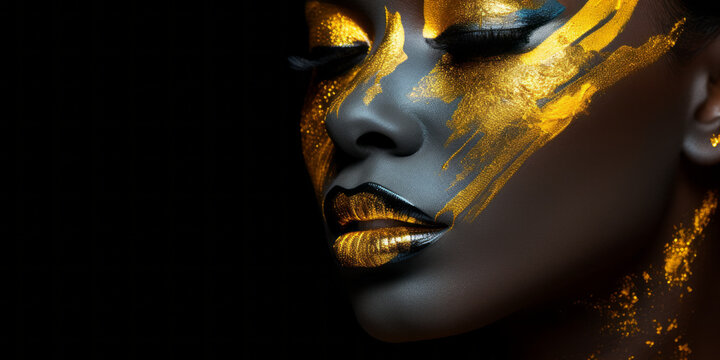 Beautiful black woman with golden makeup on her face, in the style of bio-art. Studio portrait high fashion, isolated background - Powered by Adobe