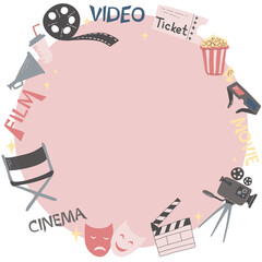 Movie theme. Vector illustration of round frame with movie cinema attributes equipment isolated on white and copy-space in the middle.  World cinema day, cinemas, design, card, poster concept.