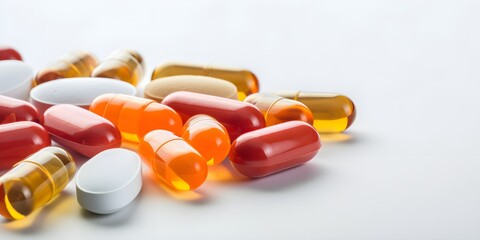 Medical pills on a white table background, copy space. Generative AI