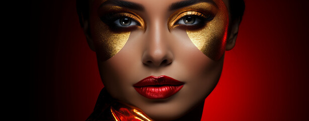 A beautiful woman with red hair and a golden suit portrait of makeup for beauty photo shoot, in futuristic pop, shiny, high gloss, monochromatic shadows, contemporary candy-coated, shiny. glossy