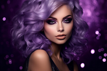 Naklejka premium A beautiful model in with purple hair and elegant makeup, in the style of shimmering, luminous palette, salon. Isolated studio background. Hair styling