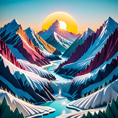  Rocky mountain range covered by snow in winter with river at sunrise in paper cut style as a snowy nature landscape background.