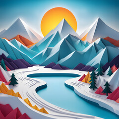 Fototapeta premium Rocky mountain range covered by snow in winter with river at sunrise in paper cut style as a snowy nature landscape background.