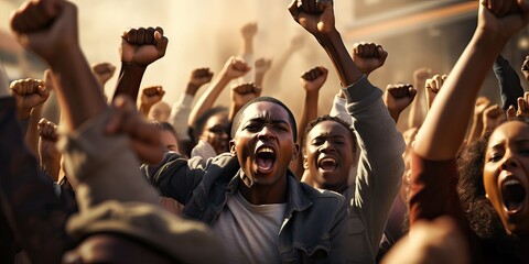 Fototapeta na wymiar African American people in a crowd fighting and protesting in the street with raised fists against racism and racial discrimination, for change, freedom, justice and equality, Black Lives Matter
