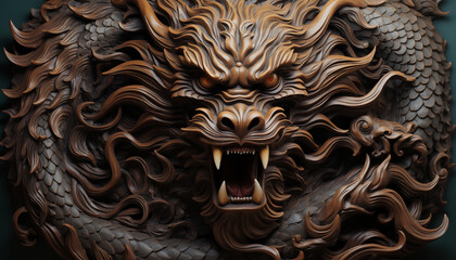 Chinese dragon wood carving on red background, decoration element for Years of the Wood Dragon 2024, Generative AI