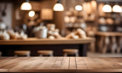 Empty wooden table, smooth surface with free space and background of baker - obrazy, fototapety, plakaty